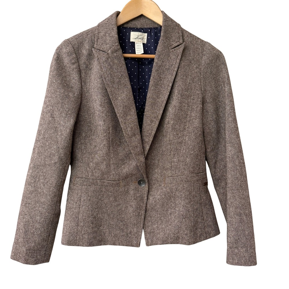 Levis Women Brown Tweed Blazer Size S Textured Single Button Polka Dot Lining